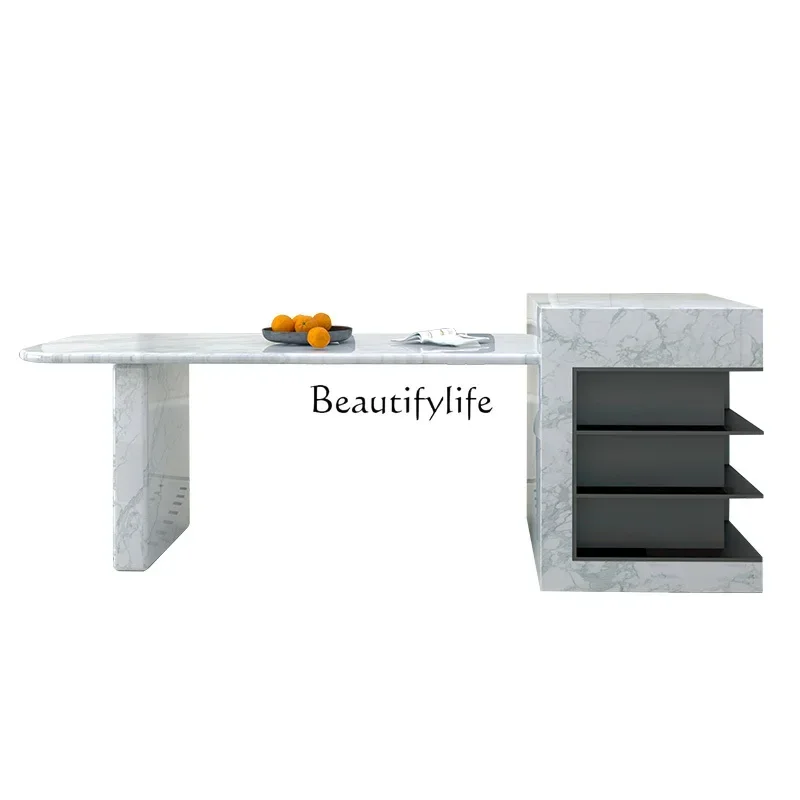 

44French white marble island dining table integrated retractable light luxury high-end retro