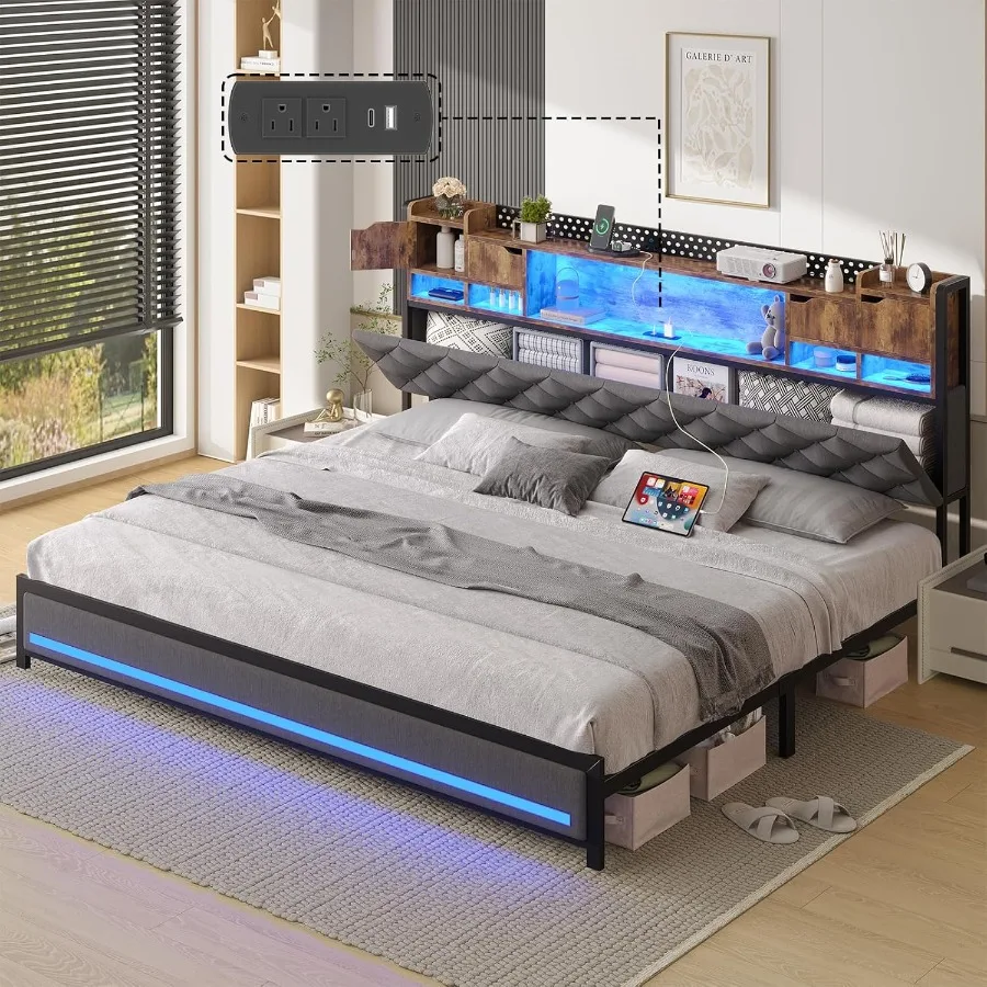 King Bed Frame with Upholstered Headboard Bed Frame King Size with Hidden Storage 3Tier Storage Shelves LED Lights and Charging