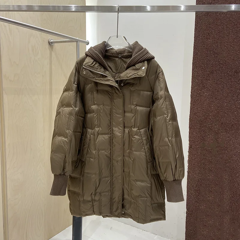 เสื้อโค้ทกันหนาวสำหรับผู้หญิง แจ็คเก็ตขนเป็ดสีขาว หมวกถักแบบถอดได้ ยาว อุ่น เรียบง่าย สบาย ลำลอง ไม่ซ้ำใคร อเนกประสงค์