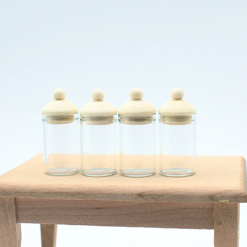 4Pcs 1/12 Dollhouse Clear Glass Jar Dollhouse Miniature Kitchen Storage Bottles Dolls House Decoration Accessories