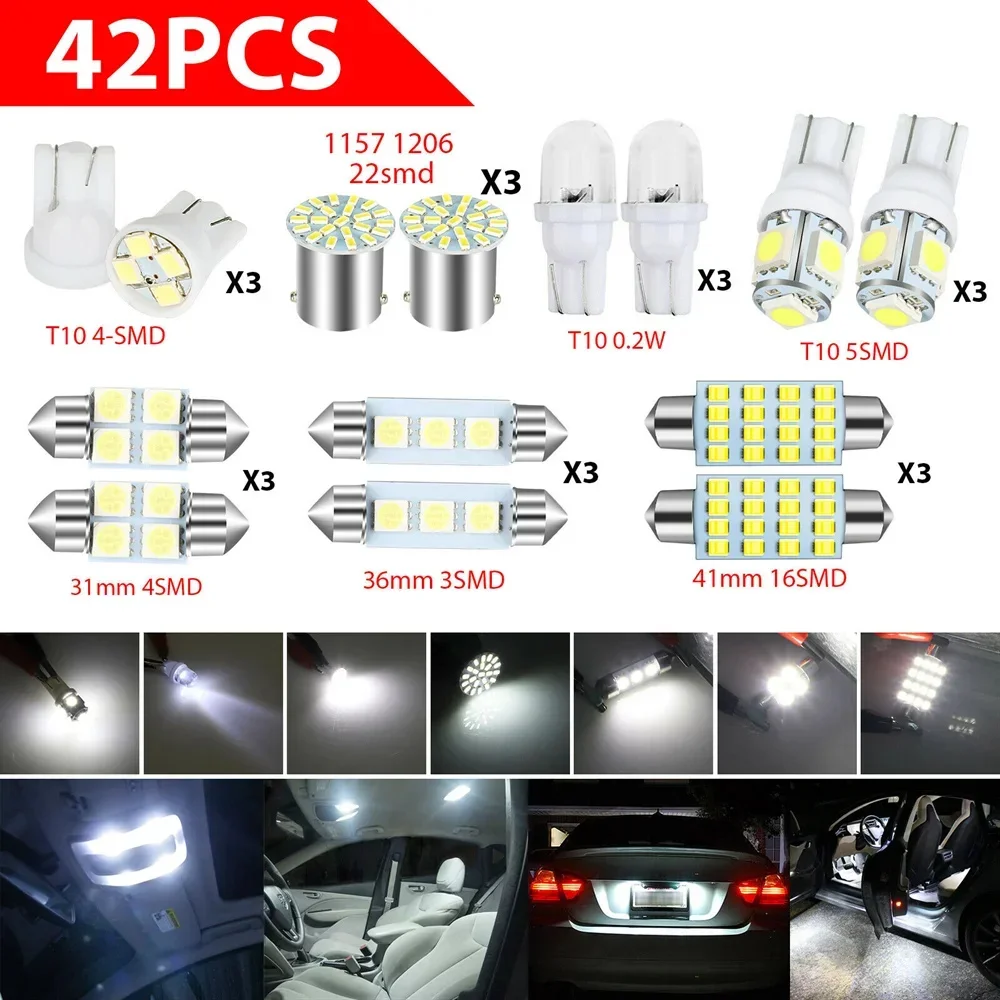 42PCS White Interior Light Bulbs T10 6000K Replacement LED Light Dome License Plate Reading Light Car Truck RV ATV