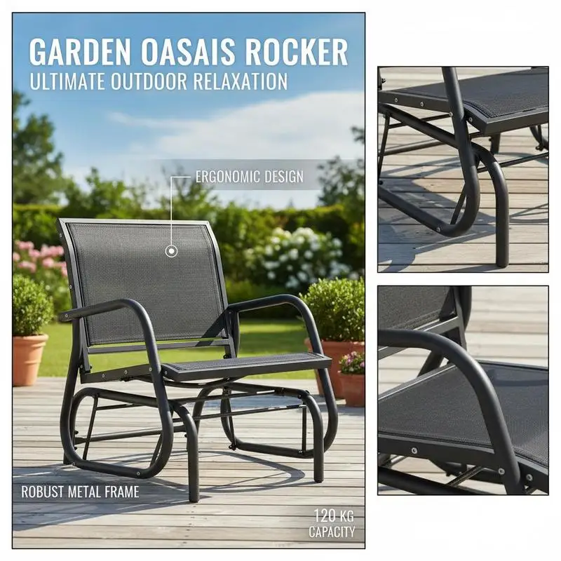 Metal rocking chair, garden chair with armrests and backrest, garden swing, load capacity up to 120 kg, outdoor relaxation chair for balcony, garden, and patio, black