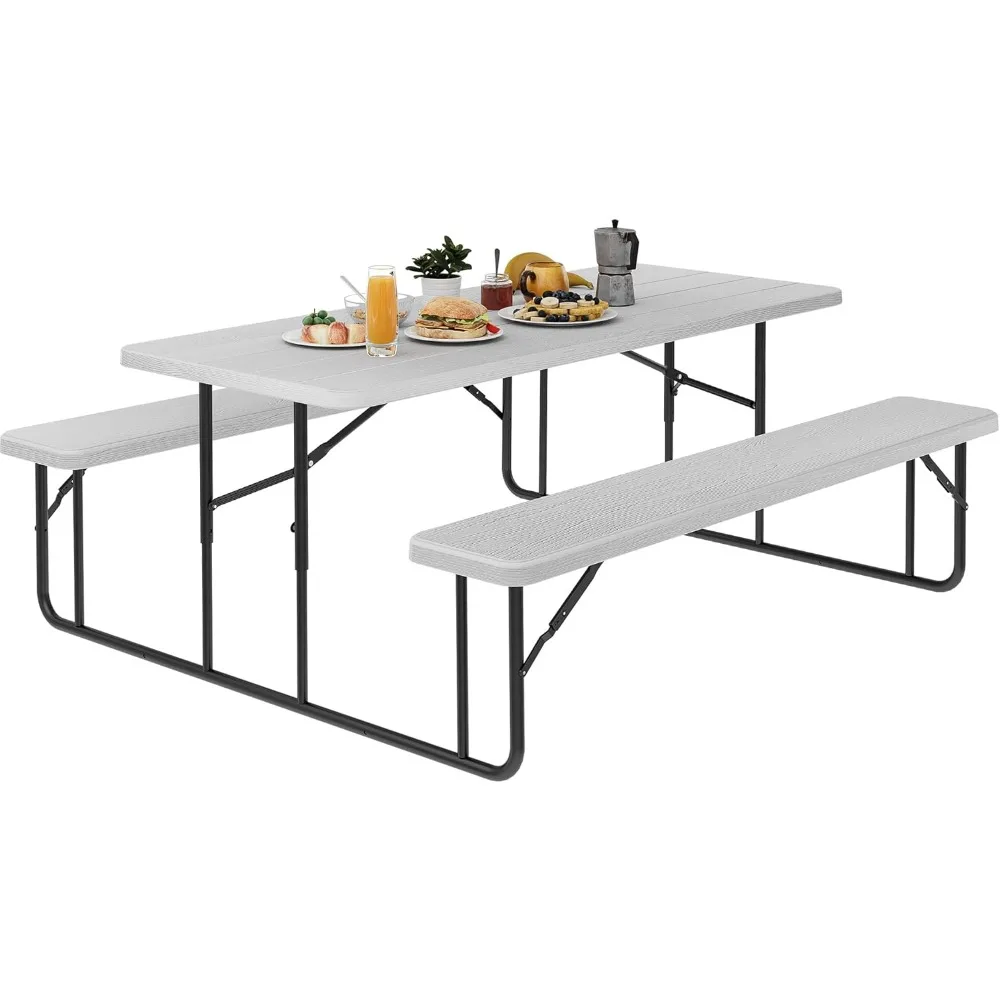 6 FT Folding Picnic Table w/Stable Steel Frame & Thick Texture Tabletop,All Weather Picnic Table Ideal for Yard Patio Lawn Party