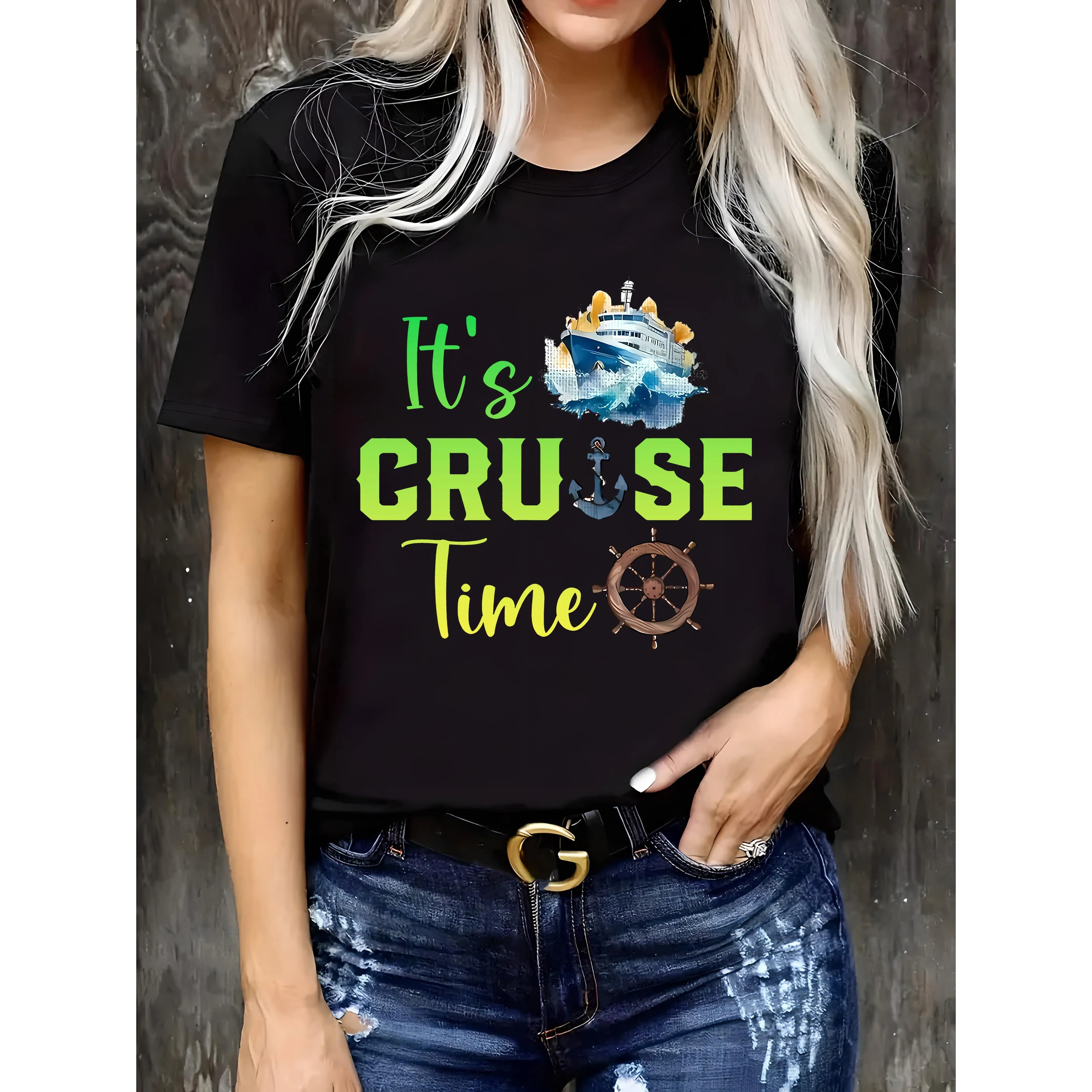 

"It's Cruise Time" T-Shirt for Women, Casual Nautical Graphic Tee, Funny Summer Vacation Tops for Travel