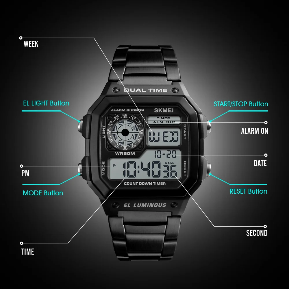 Skmei-Relógio Digital Sport 1335 masculino, pulseira de aço inoxidável, 5Bar relógios impermeáveis