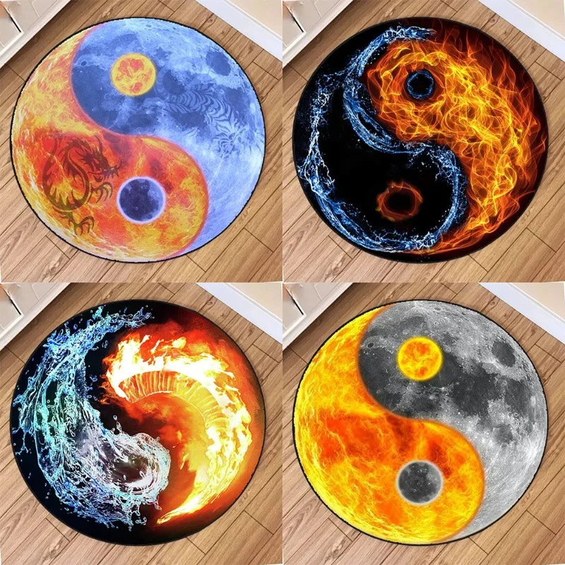 Water Fire Tai Chi-Diagramm, runder Teppich, rutschfest, verschleißfest, Kreisteppich für Wohnzimmer, Schlafzimmer, weiche Bodenmatte, Heimdekoration