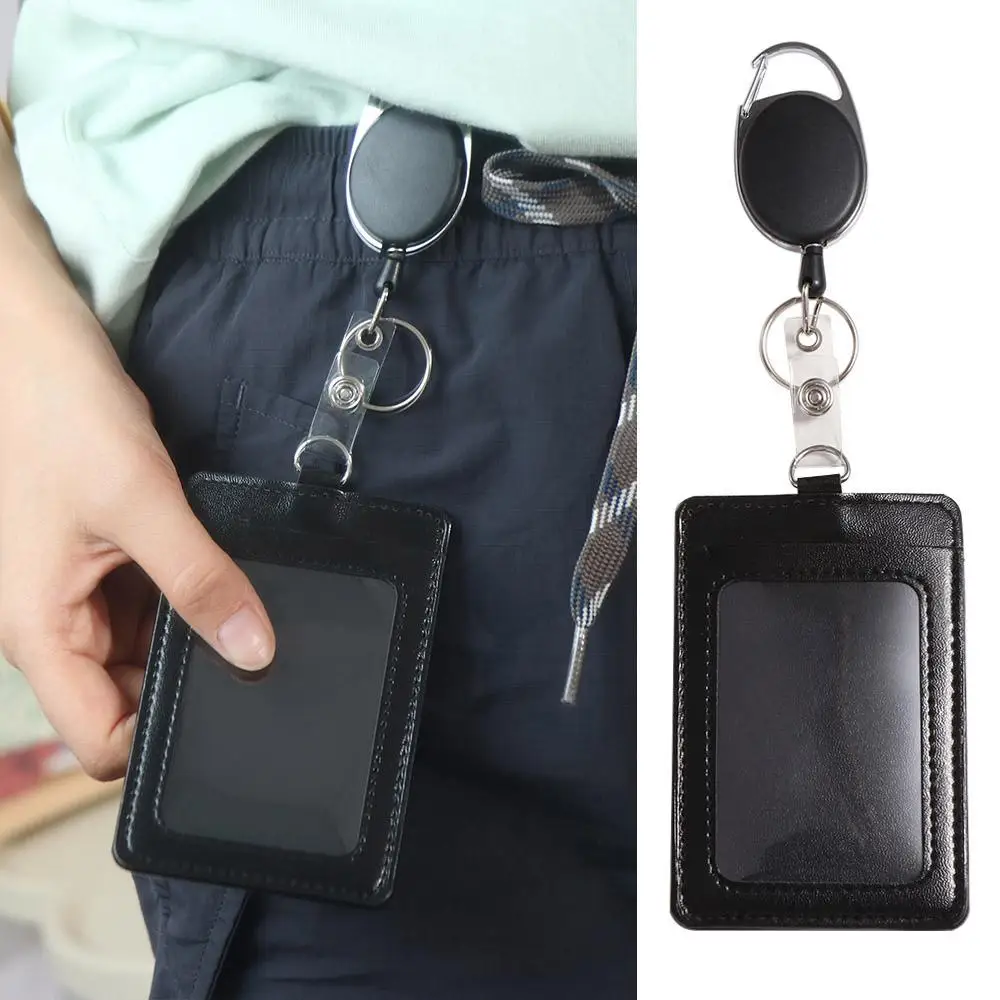 Fashion PU Leather Retractable Key Chain Card Case Black Wallet Name Card Badge Lanyard Bus Pass Card Badge Holder Male