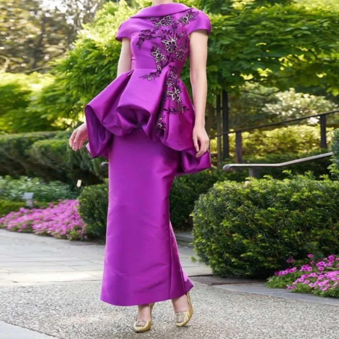 فساتين سهرة رائعة مخصصة مزينة بأكمام قصيرة بطول الكاحل ثنيات أنيقة للنساء للحفلات الراقصة #1