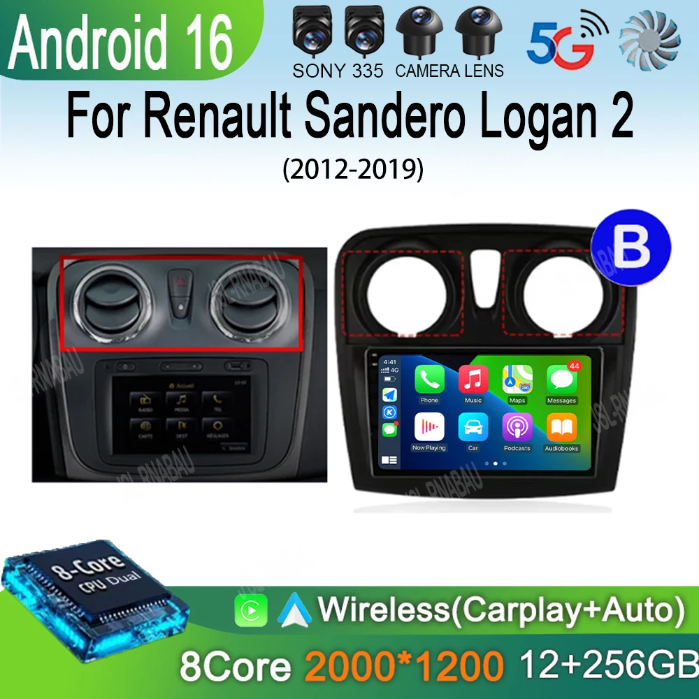 Android 16 For Renault Sandero Logan 2 2012-2019 2K QLED Android Car Radio Multimedia Video Player GPS CarPlay Auto BT 4G Stereo