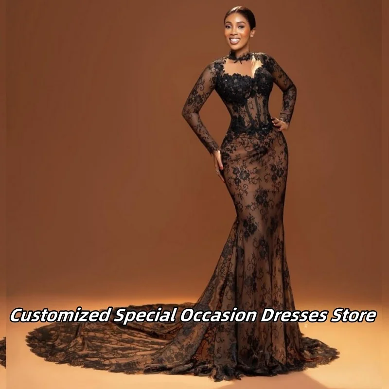 

Delicate Lace Applique High Neck Evening Dresses For Nigerian Women Luxurious Wedding Party Long Mermiad Prom Gowns Customized