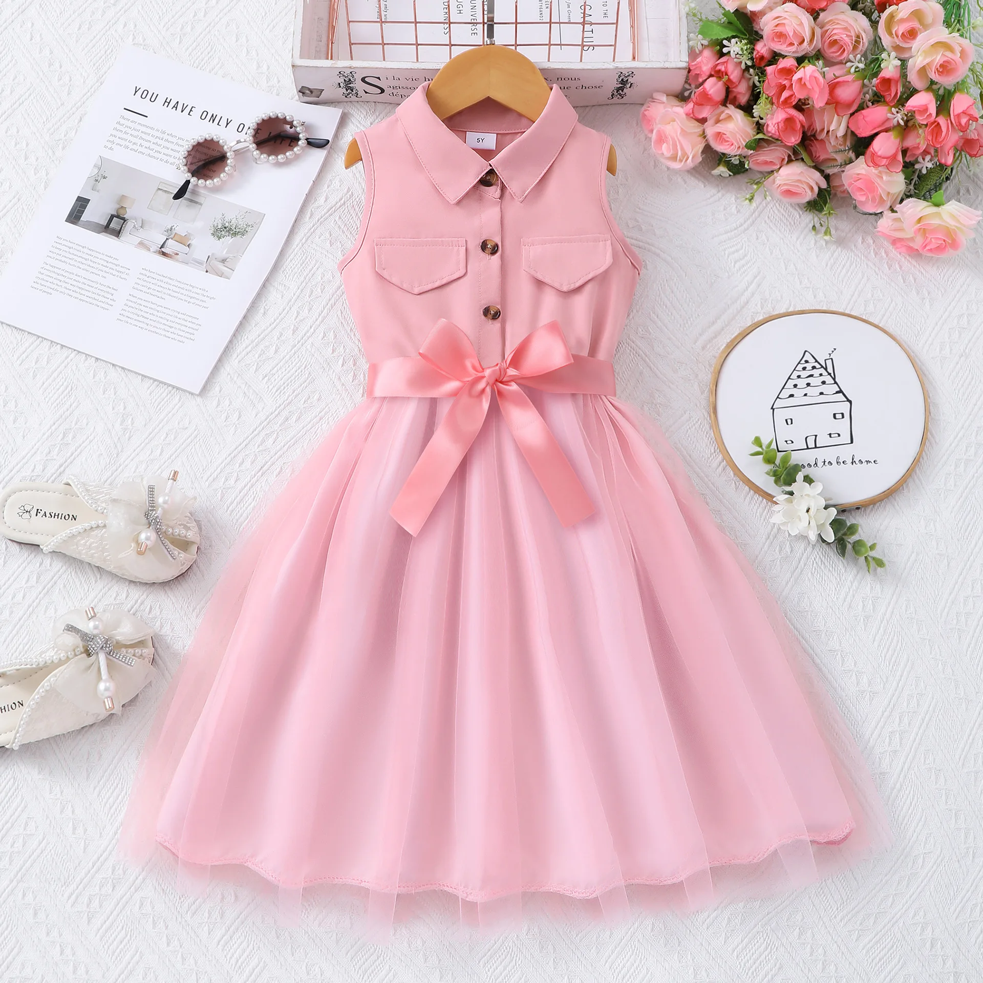 Girls Sleeveless Lapel Tulle Dress Solid Color Ribbon Waist Belt Princess Dress Kids Summer Casual Wedding Flower Girl Dresses