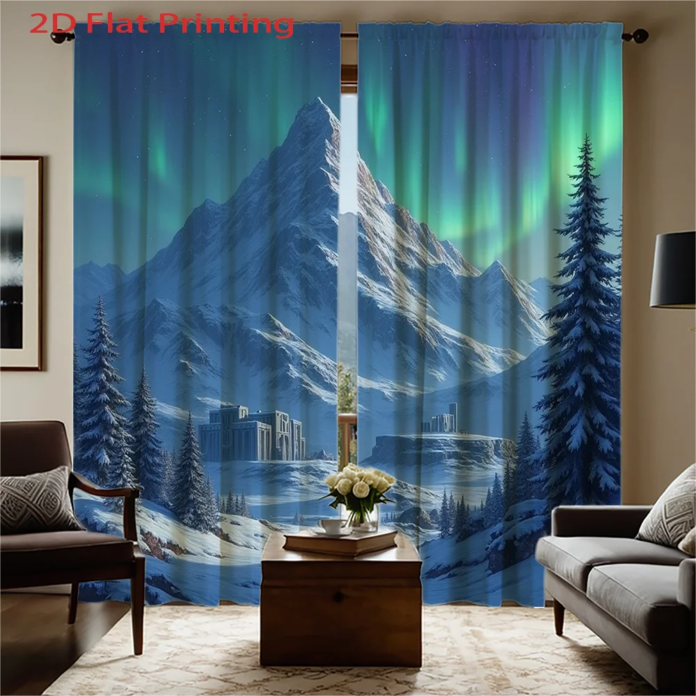 Aurora Borealis Curtains 2pcs Northern Lights Over Snowy Mountains & Forest, Fantasy Landscape Decor for Living Room and Bedroom