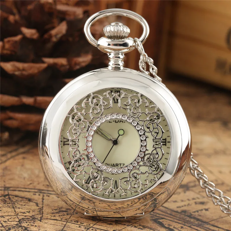 Reloj de bolsillo de cuarzo para hombre y mujer, caja de flores ahuecada de plata, reloj de medio cazador, esfera con número romano, cadena colgante