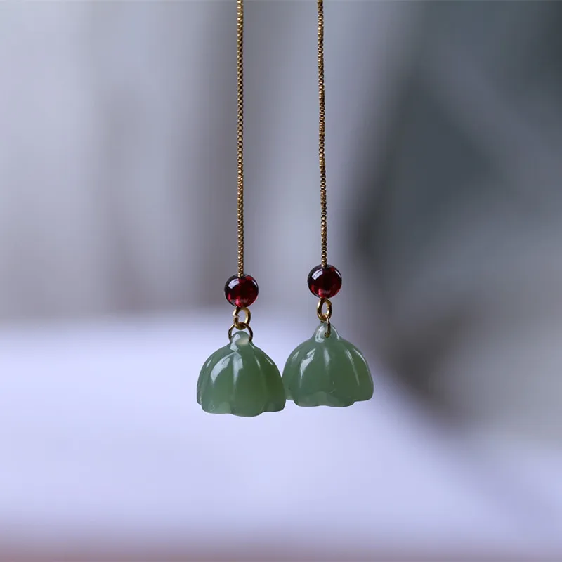 Natural Hetian Jade Small Lotus Pod Ear Threads Pendants Earrings Jewelry with Wine Red Garnet Crystal Beads Gifts