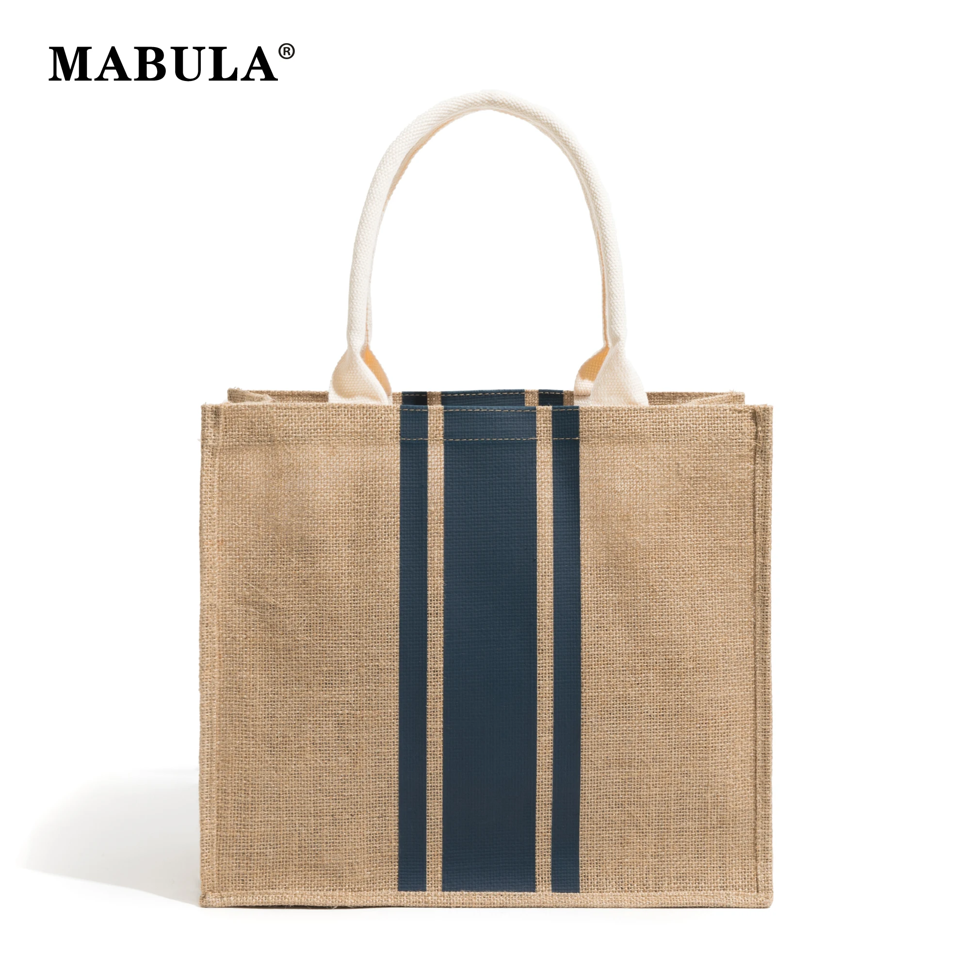 MABULA Striped Printed Women's Eco Linen Tote Bag Lightweight Reusable Shopper Handbag Friendly Summer Beach Purse