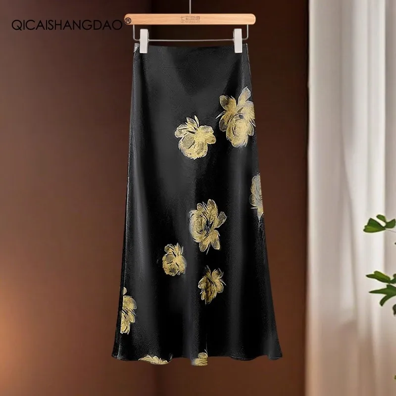 Women Satin Pencil Skirt Floral Printed Soft Smooth Mid-length Skirts Work Office Ladies One-step Skirts