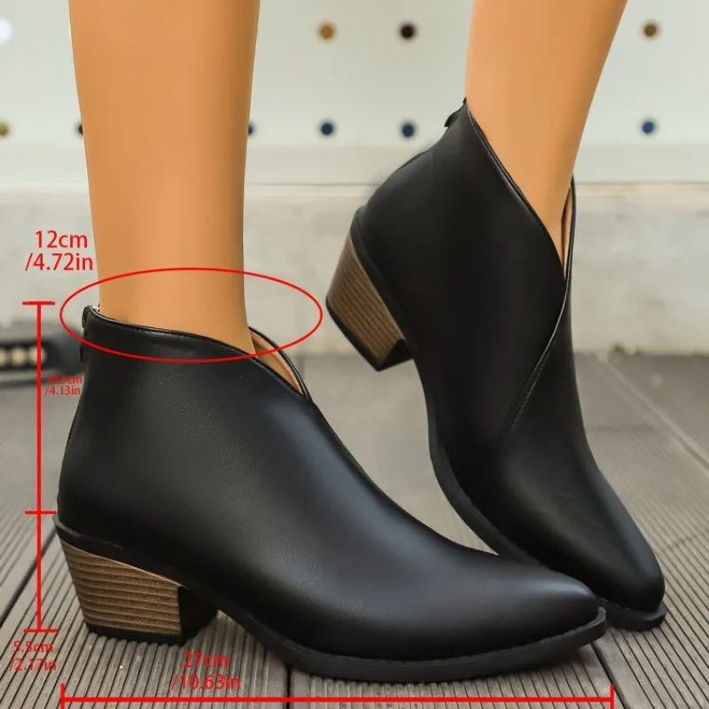 

Pointed Toe Women Ankle Boots Fashion Thick Heel Slimming Short Booties Autumn Winter Soft Leather Female Shoes Plus Size 42 43