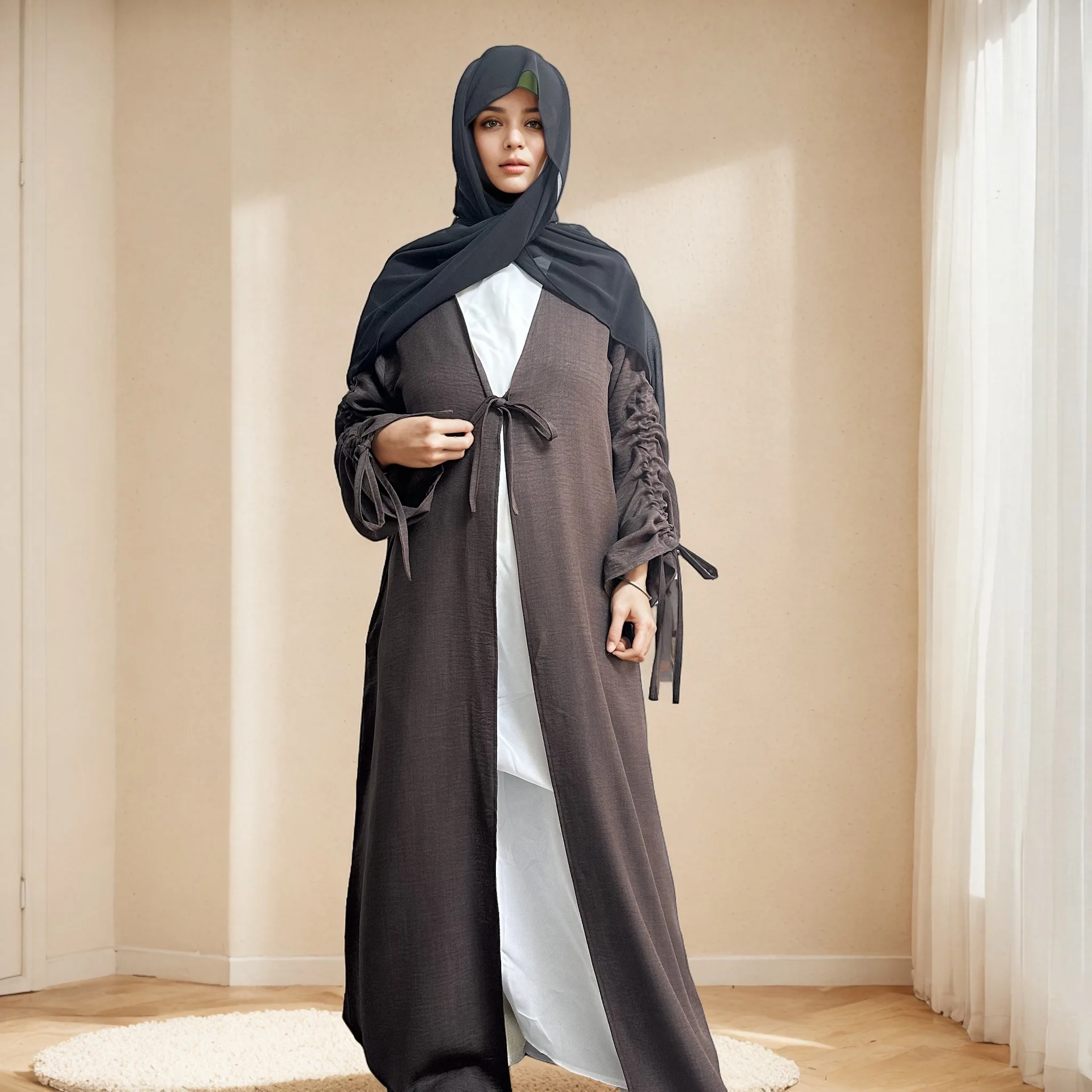 New Bow Kimono Cardigan Women Muslim Maxi Dress Dubai Open Abaya Eid Djellaba Turkey Kaftan Islam Jalabiya Caftan Marocain Robe