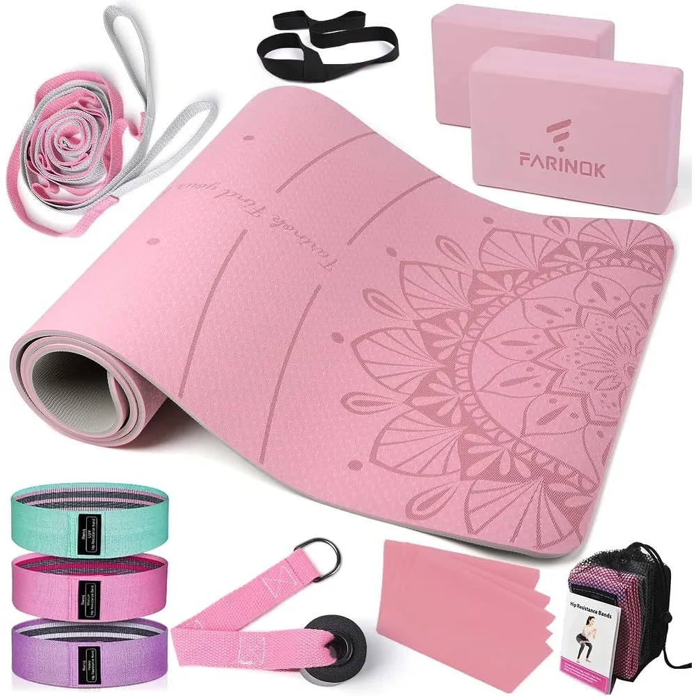 1/3 thick yoga mat, beginners yoga kit includes high density mat, multi-loop band, yoga block