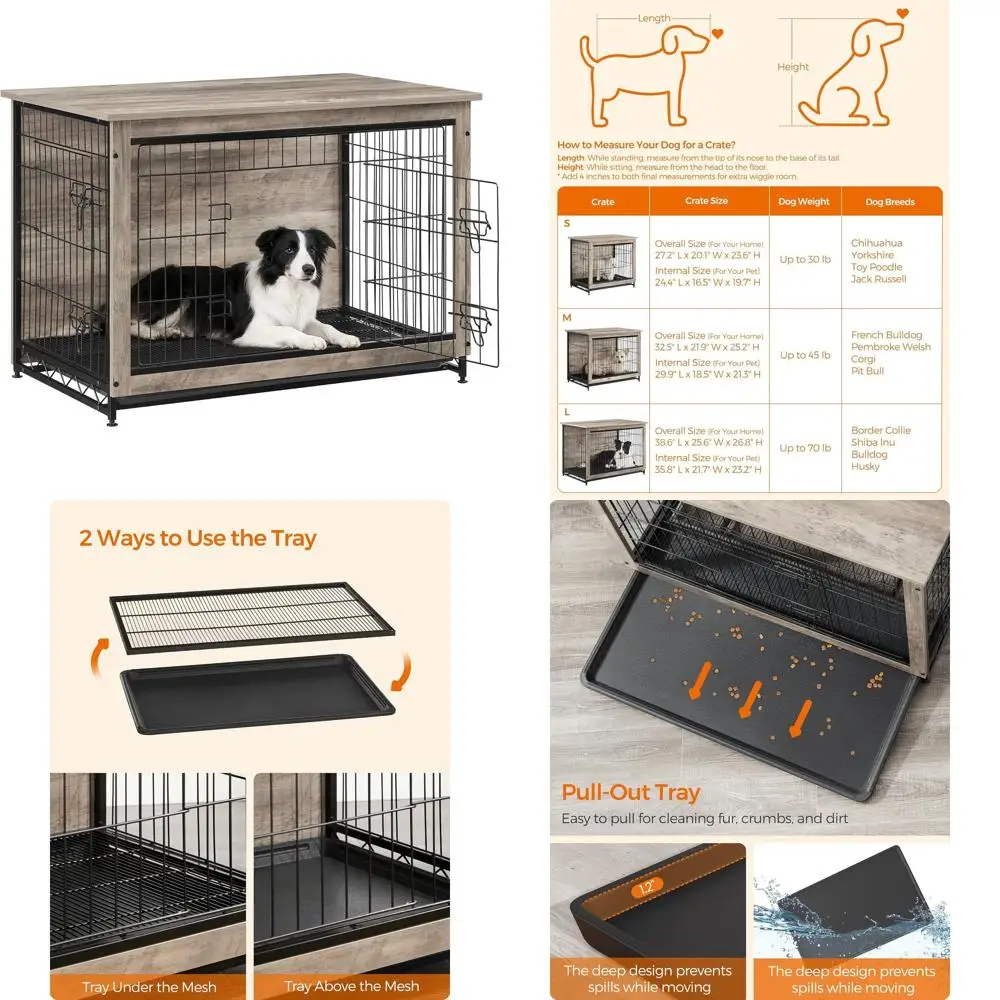 

Large Indoor Dog Crate Furniture, XL Wood Kennel with Removable Tray, Double-Door, for Dogs up to 70 lbs, Greige