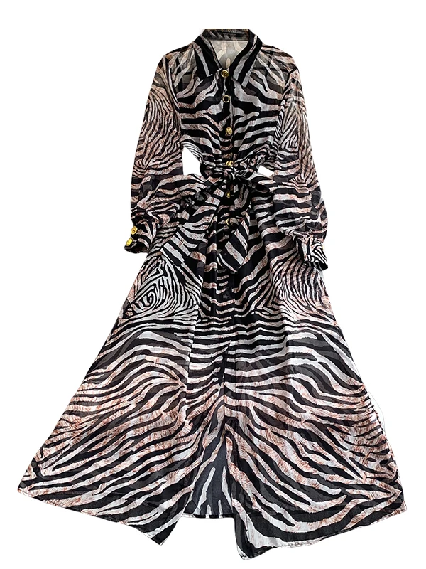 Ele Zebra-Print Umlegekragen irt Dr Damen Herbst Metall Bule Taillenbetonter langer Rock Faionable Maturi S...