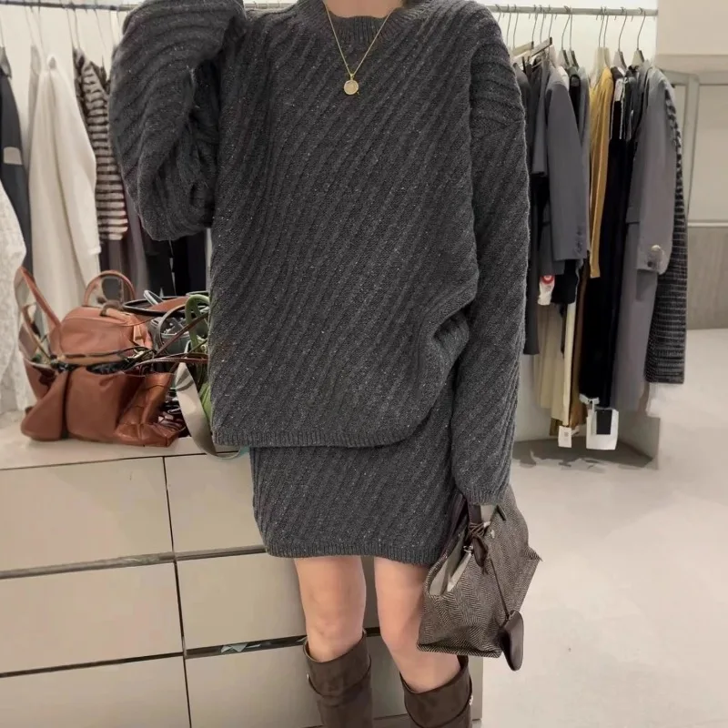 

2025 Fashion Autumn Winter Korean Style Lazy Wind Loose Slimming Knit Sweater + High Waist Elegant Knit Skirt Set for Women