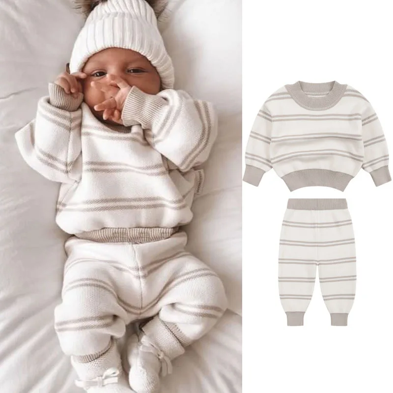 

0-3T Newborn Kid Baby Boy Girl Winter Sweater Clothes Set Striped Long Sleeve Knit Pullover Top Pant Suit Warm Knitwear Set