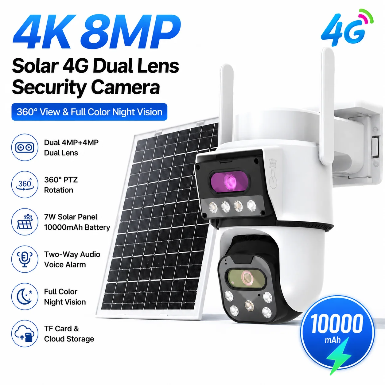 8MP 4G SIM Solar Security Camera Dual Lens Outdoor Wireless CCTV Camera with Solar Panel Low Power Waterproof Home Surveillance