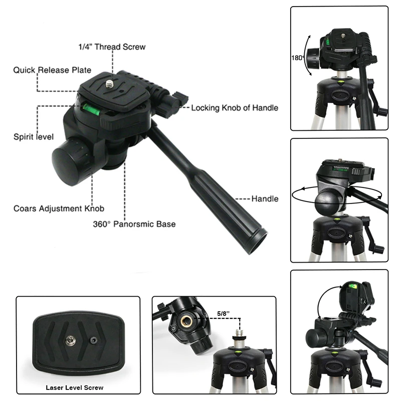 CLUBIONA 1.5m 3-Section Tripod Holder 5/8 to 1/4 Tilt Head Adapter Mount Aluminum Stand for 1/4 inch Thread Laser Levels Cameras