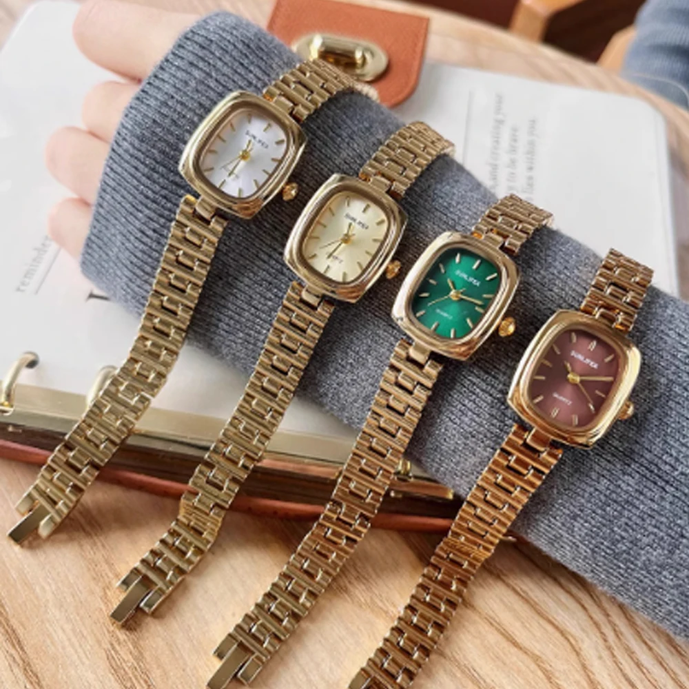 Fashion temperament minimalist luxury retro square dial with gold strap with quartz women's watch