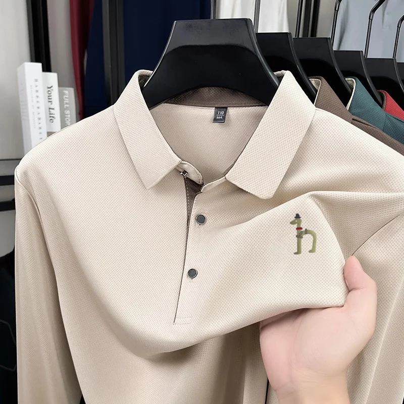Hochwertiges Herren-Polohemd mit Originaldruck, Herbst-Trend, einfarbig, Revers, Langarm-T-Shirt, Business-Casual-Herrenbekleidung – Detail 3