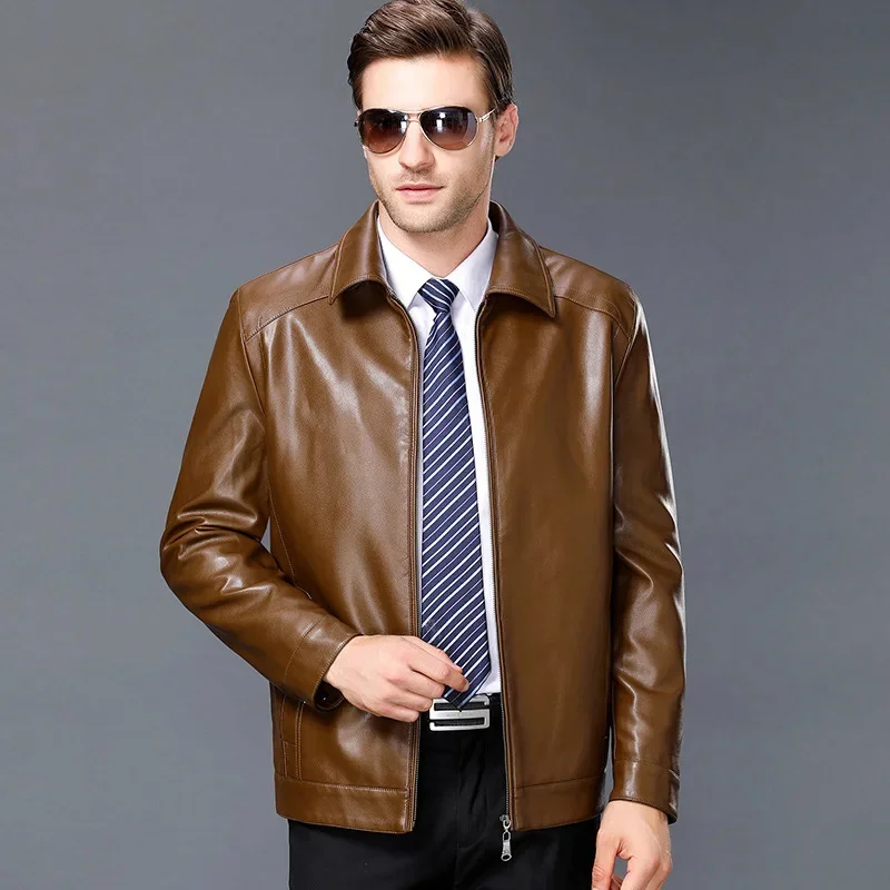 2023 New Fashion Lapel Coat Autumn Winter Middle-Aged Men Large Size Casual Business Fleece-Lined Pu Leather Jacket