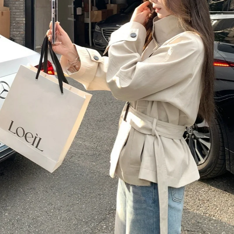 2025 Pre-Autumn Korean Trench Coat Jacket Women's Short British Style Standing Collar Waist