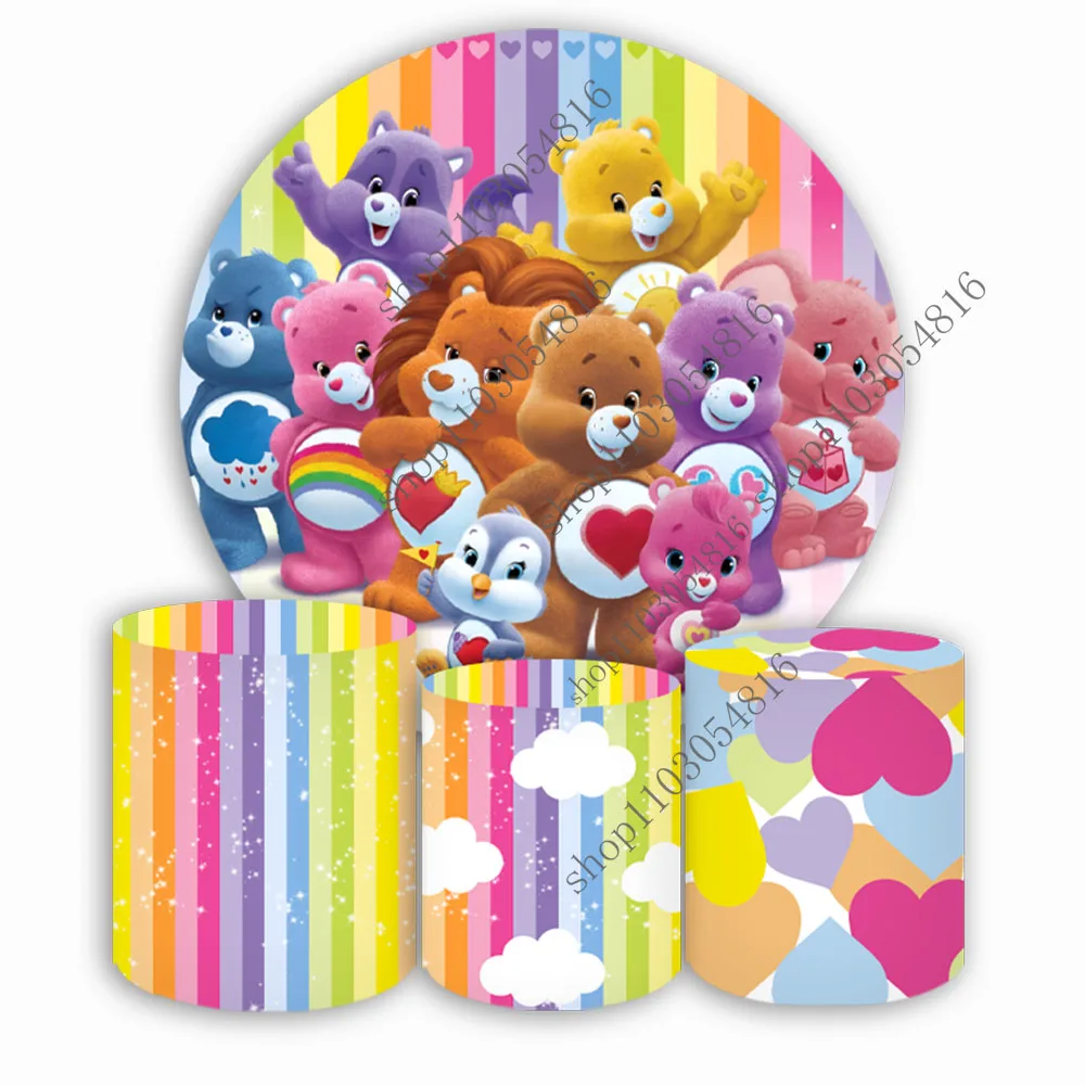 MINISO Care Bears Round Photography Backdrop For Girls Birthday Party Circle Photo Background Booth Plinth Covers Polyester