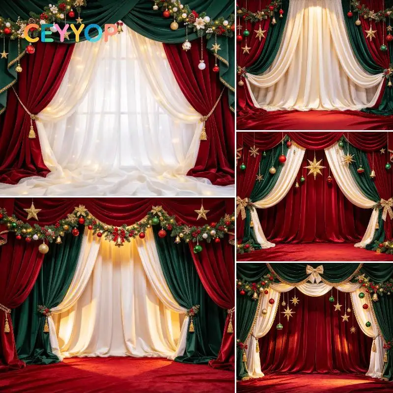 Christmas Red Green Curtain Photo Backdrop Vintage Velvet Drape Garland Xmas Ball Star Photography Background Cloth for Holiday