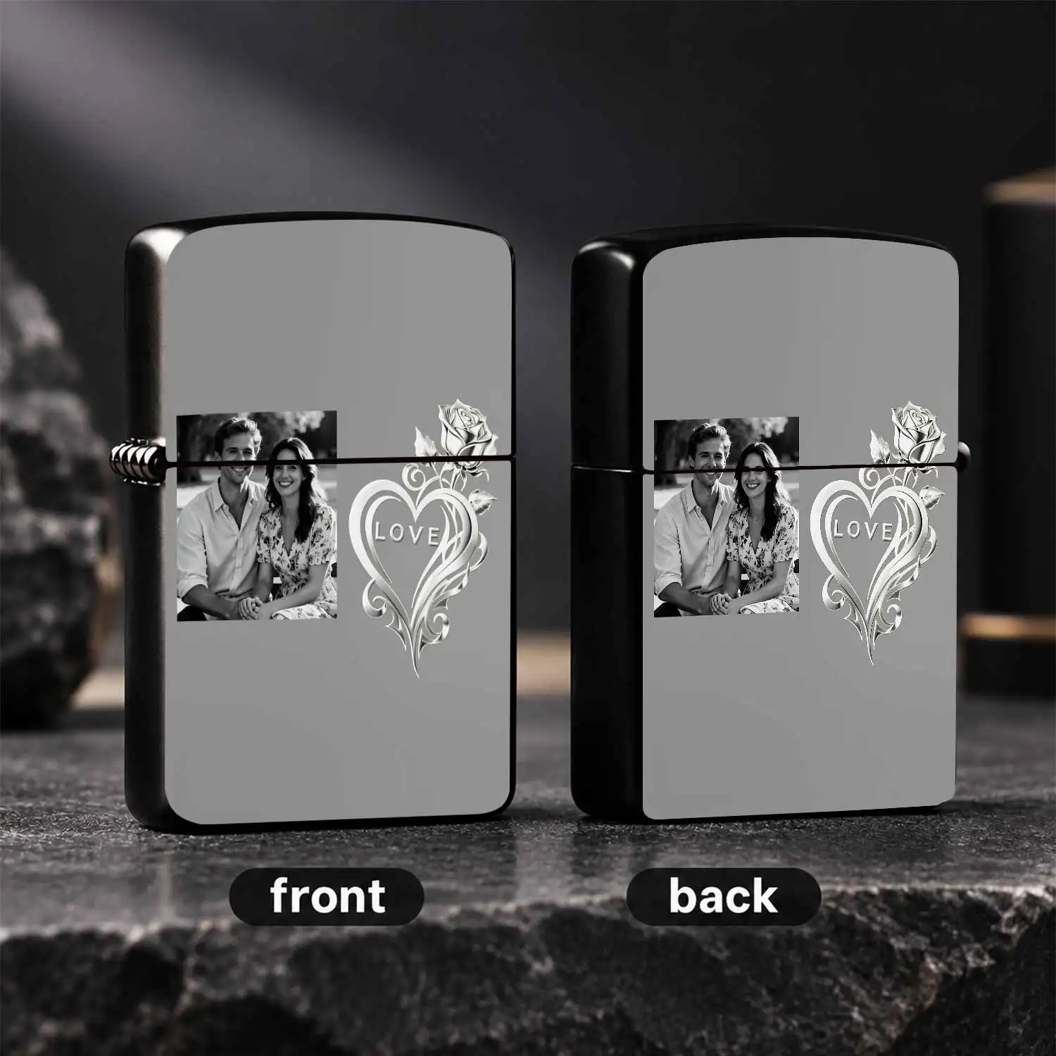 Exquisite Lighter with Sweet Couple Photo Silver LOVE Rose Pattern Portable Compact Romantic Keepsake Ideal for Dating Anniversary Gift Daily Carrying All Scenarios Present for Beloved Partner Cherish Precious Memories A Humorous And Intere