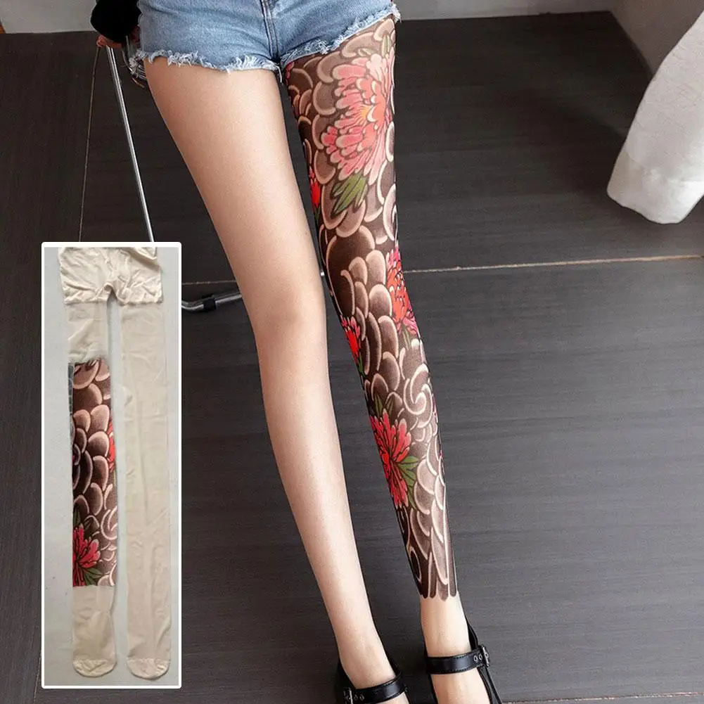 Frauen Sexy Gedruckt Strumpfhosen Gefälschte Tattoo Pfingstrose Strumpfhosen Weibliche Perspektive Mesh Leggings Hohe Strumpfhosen Weibliche Strümpfe