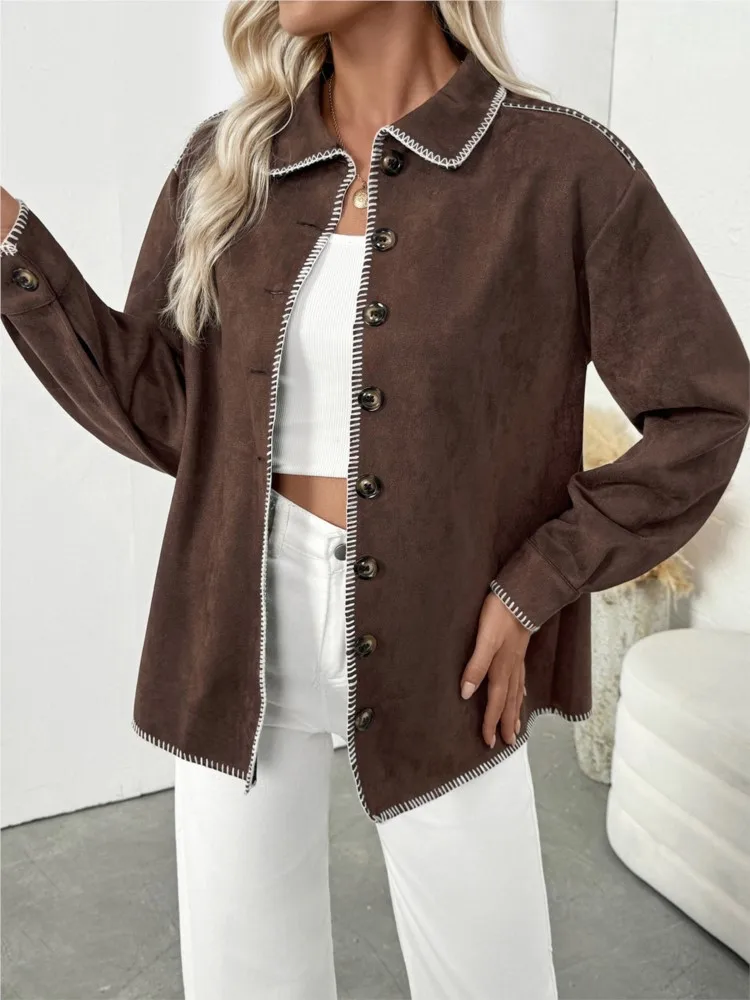 

Women's Casual Retro Trimmed Color Block Lapel Loose Shirt Jacket All-match Loose Simple Style Comfortable Buttons Commuting