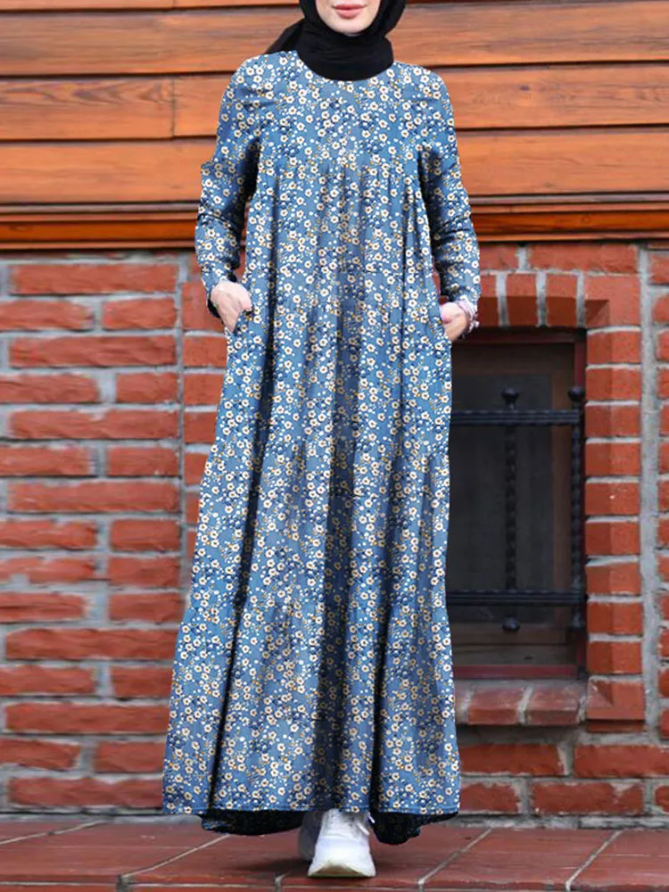 ZANZEA Kaftan Women Print Dress 2023 Spring Ruffle Maxi Vestiods Casual Long Sleeve Sundress Marocain Turkish Robe Oversize