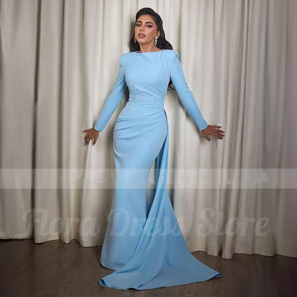 

Flora Dress Blue Satin O-Neck Mermaid Evening Party Dresses Lace Long Sleeves Elegant Arabic Dubai Formal Dress Party Gowns