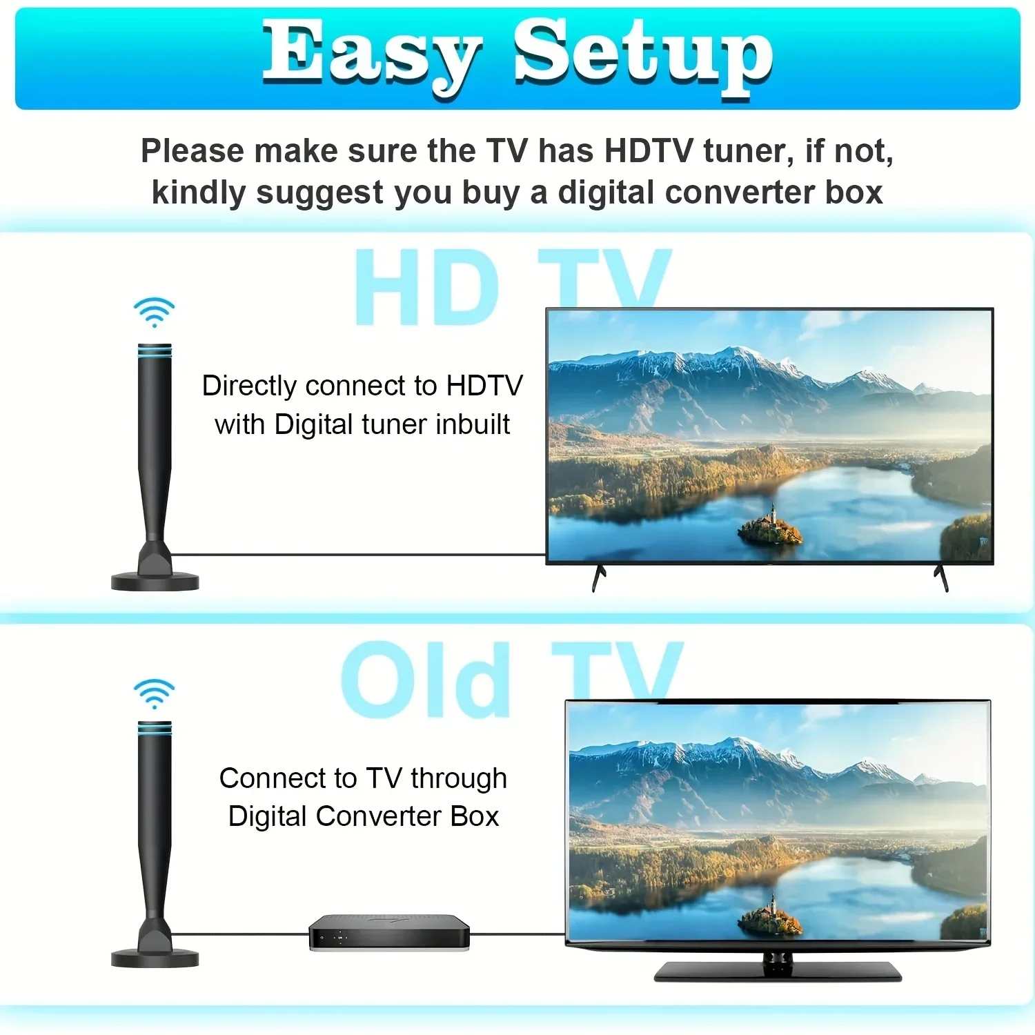 أحدث هوائي HDTV رقمي لعام 2024 - داخلي/خارجي مع قاعدة مغناطيسية قوية لاستقبال HD