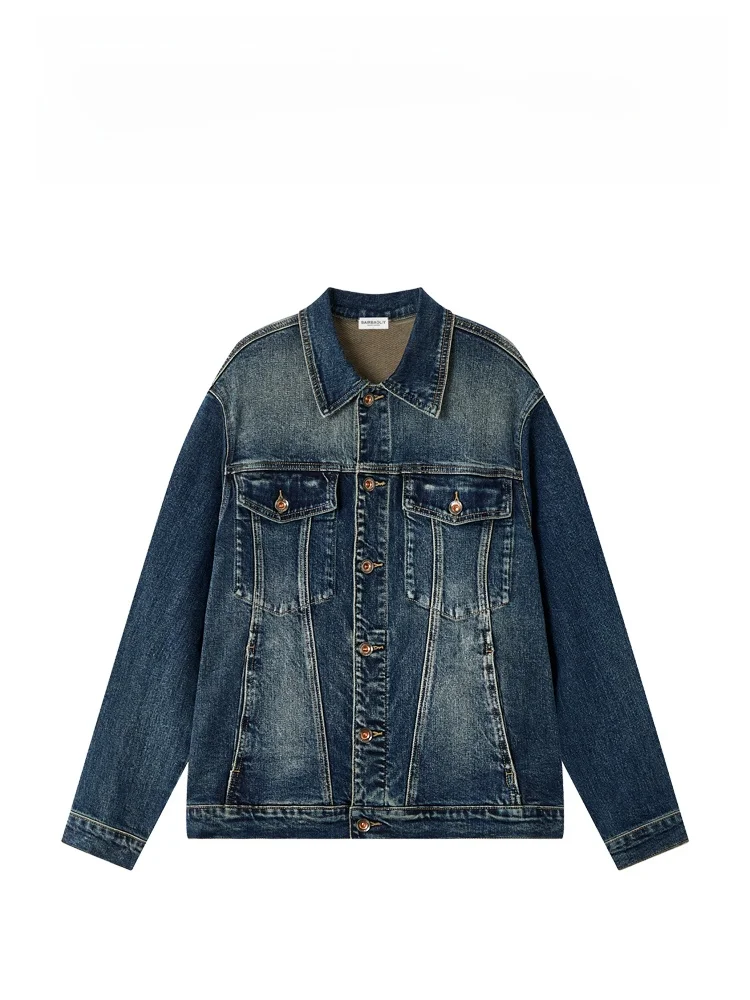 

BAIRBAOLIY Ретро джинсовая куртка с воротником, модный американский дизайн, верхняя одежда из смесовой ткани (хлопок, полиэстер, спандекс)