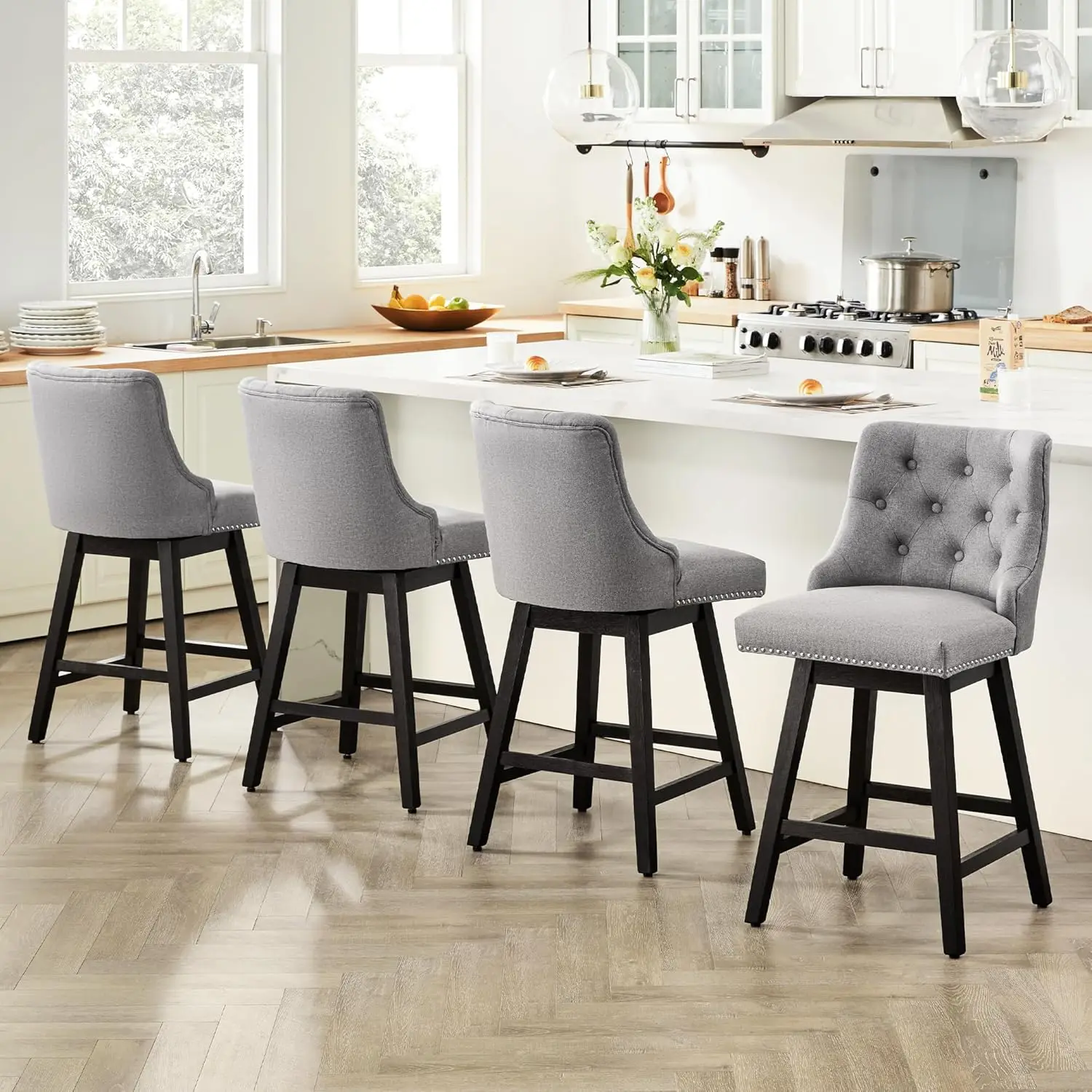 Swivel Counter Height Bar Stools,26 inch 360° Swivel Bar Stools with Backs, Upholstered Counter Stools for Kitchen & Dining Room