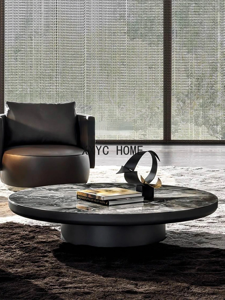 Italian Light Luxury round Tea Table Minimalist round Natural Marble Living Room Stainless Steel Feet