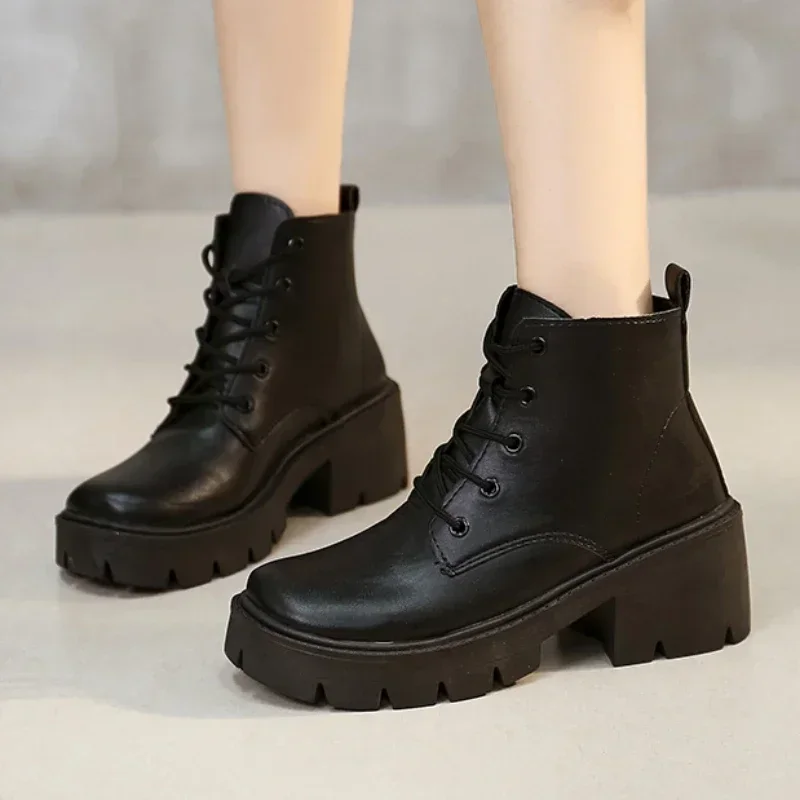 

Женская обувь 2024, высококачественные женские ботинки на шнуровке, осень-зима, однотонные модные ботинки с круглым носком и короткими бочонками на массивном каблуке