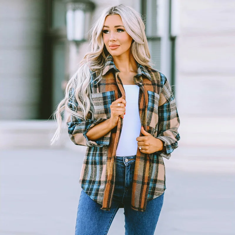 

eBay Hot Sale Autumn New Multi-Pocket Long Sleeve Cardigan European and American Simple Versatile Printed Shirt Women