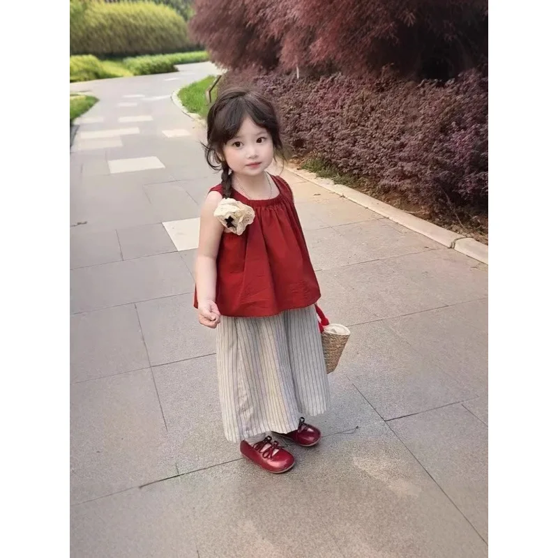 

2025Summer Outfit for Girls Fashionable Stylish Doll Shirt Vest Top Striped Wide-leg Pants Casual Two-piece