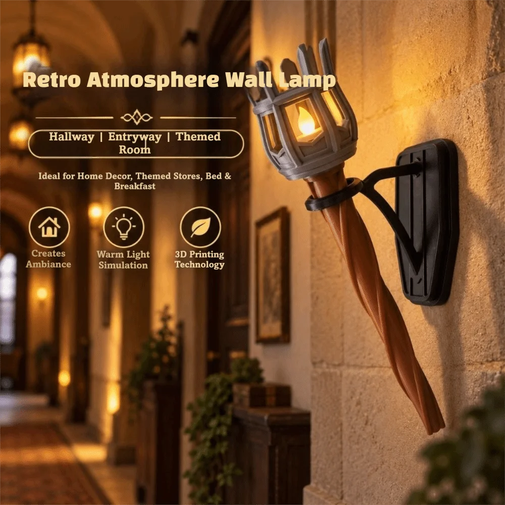 Vintage Medieval Torch Wall Lamp Dual Torch 3D Print Halloween Flame Torch Light Castle Style Hand-Held Retro Wall Craft Lamp