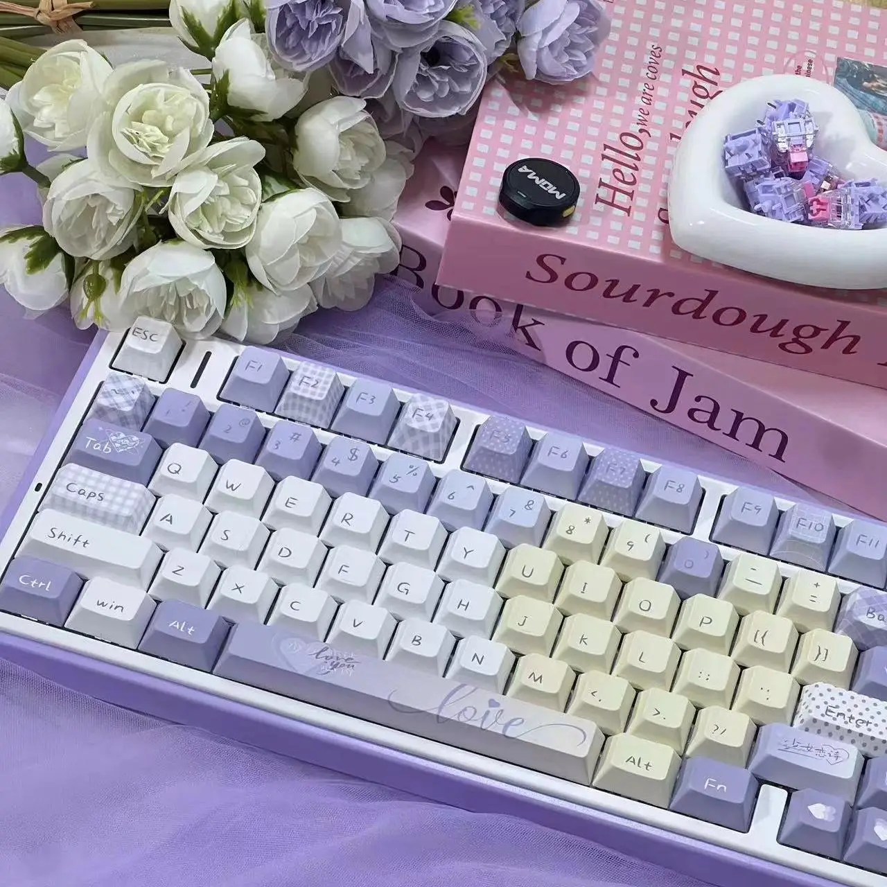 Girl Love Poetry Keycap Purple Yellow White Cherry Qx3 Diy Keycap Pbt Sublimation 120 Key Moa Keycaps