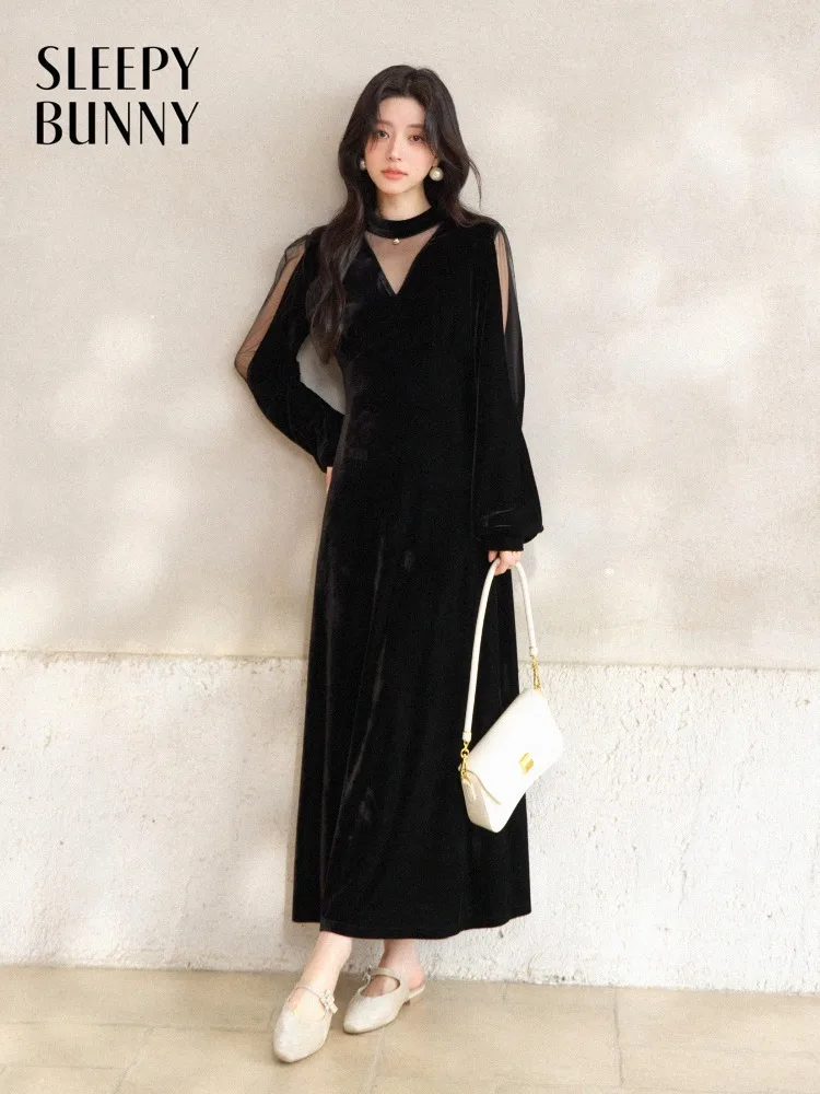 Samt-Maxikleid für Damen, elegant, V-Ausschnitt, Netzkleid, schmale Passform, Frühlings-Langarmkleid, schickes Abend-Outfit für den täglichen Anlass